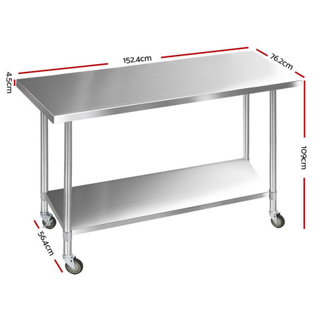 Cefito 1524 x 762mm Commercial Stainless Steel Kitchen Bench with 4pcs Castor Wheels