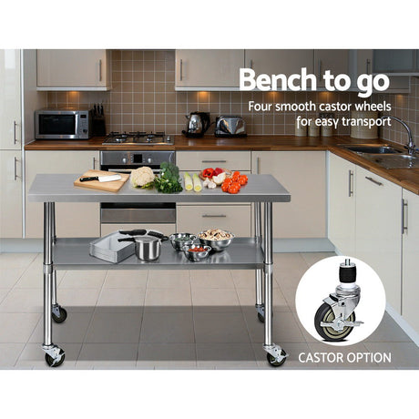 Cefito 430 Stainless Steel Kitchen Benches Work Bench Food Prep Table with Wheels 1219MM x 610MM