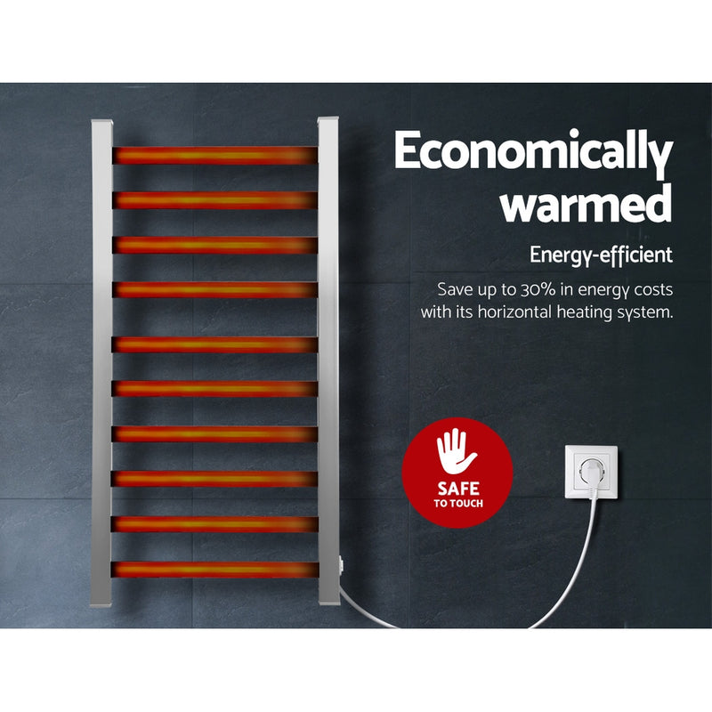 DEVANTI Electric Heated Ladder Towel Rails Bathroom Dryer Clothes Warmer 10 Racks Square Bars Rungs