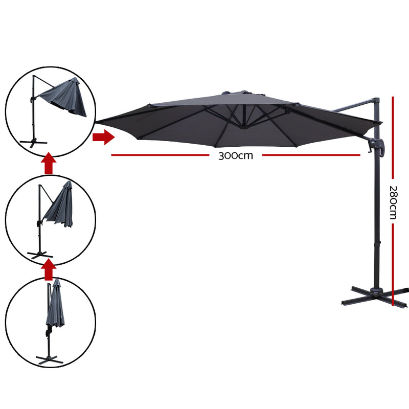 Instahut Outdoor Umbrella 3M Roma Cantilever Beach Furniture Garden 360 Degree Charcoal