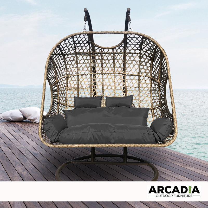 Arcadia Furniture 2 Seater Rocking Egg Chair Outdoor Wicker Rattan Patio Garden - Oatmeal and Grey