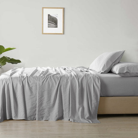 Royal Comfort Stripes Linen Blend Sheet Set Bedding Luxury Breathable Ultra Soft - King - Grey