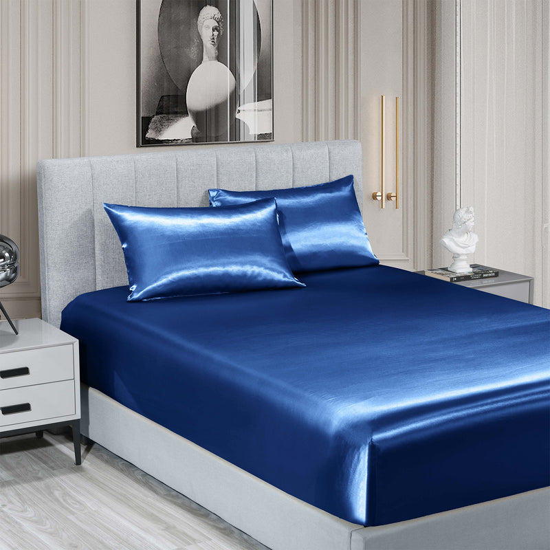 Royal Comfort Satin Sheet Set 3 Piece Fitted Sheet Pillowcase Soft  - King - Navy Blue