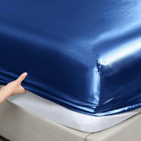 Royal Comfort Satin Sheet Set 3 Piece Fitted Sheet Pillowcase Soft  - King - Navy Blue
