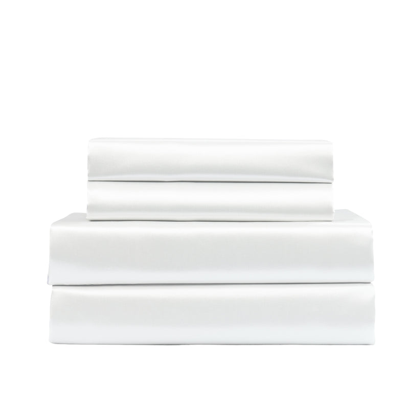 Royal Comfort Satin Sheet Set 4 Piece Fitted Flat Sheet Pillowcases  - Queen - White