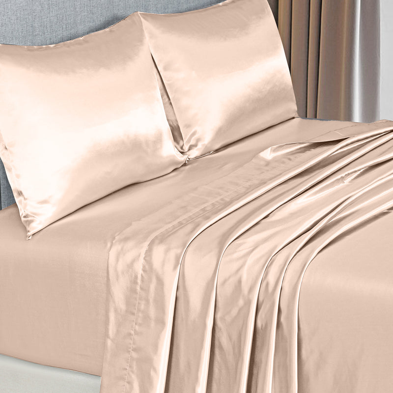 Royal Comfort Satin Sheet Set 4 Piece Fitted Flat Sheet Pillowcases  - King - Champagne Pink