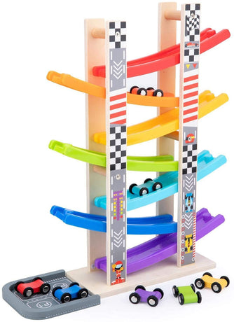 Car Ramp Racer Toy for Toddler - Baby Car Race Track Vehicle Playsets with 6 Wooden Race Cars, 1 Parking Garage, 3 Extra Bridges and 6 Car Ramps for Boys & Girls