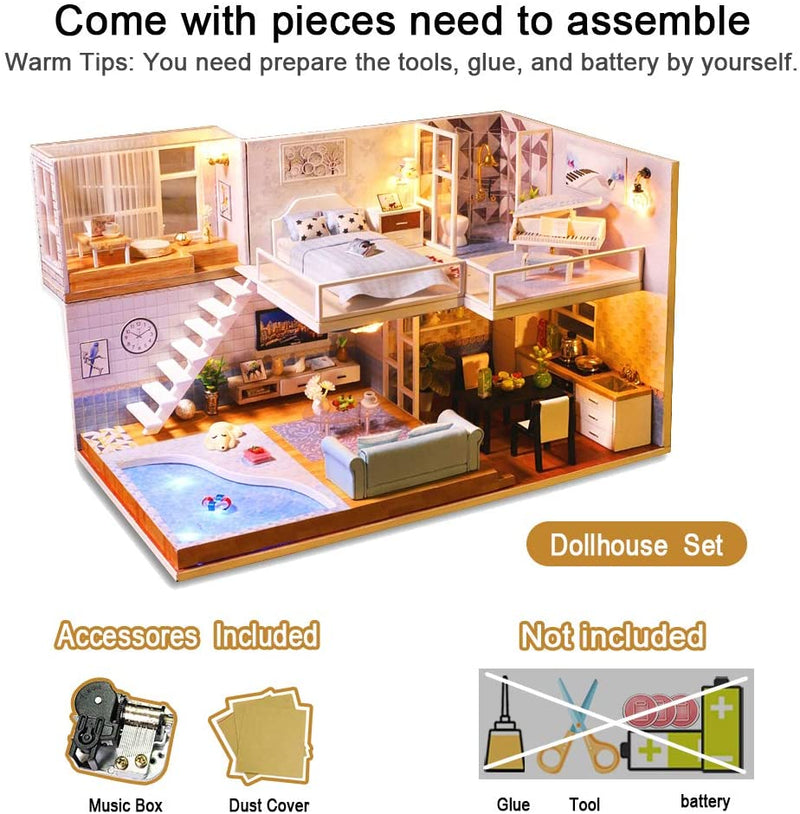 Dollhouse Miniature with Furniture Kit Plus Dust Proof and Music Movement - Met you (1:24 Scale Creative Room Idea)