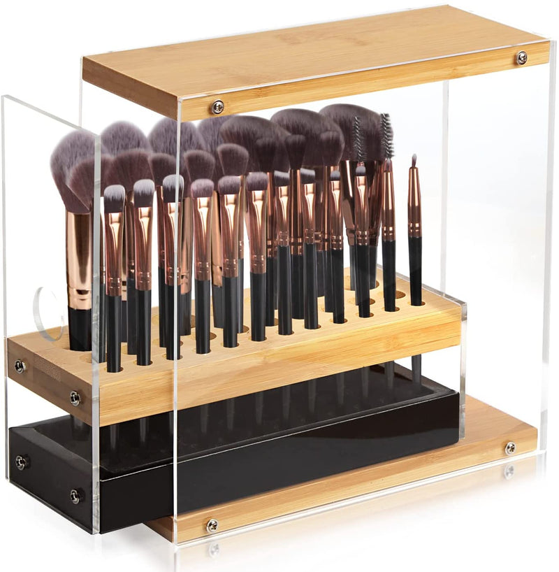 31 Holes Acrylic Bamboo Brush Holder Organiser Beauty Cosmetic Display Stand with Leather Drawer Black (22.3 x 8.6 x 21.5 cm)