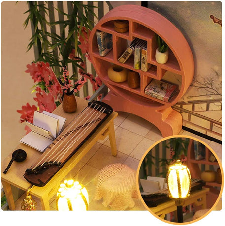 Dollhouse Miniature with Furniture Kit Plus Dust Proof and Music Movement - Guqin Pavilion (1:24 Scale Creative Room Idea)