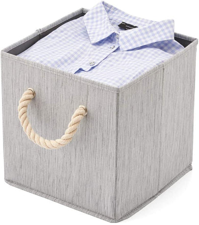 Pack of 4 Foldable Fabric Storage Cube Bins with Cotton Rope Handle and Collapsible Water Resistant Basket Box Organizer for Shelves (Grey)