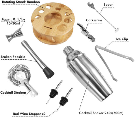 Cocktail Shaker Set Bartender Kit with Rotating Bamboo and 10-Piece Stainless Steel Bar Tool Set