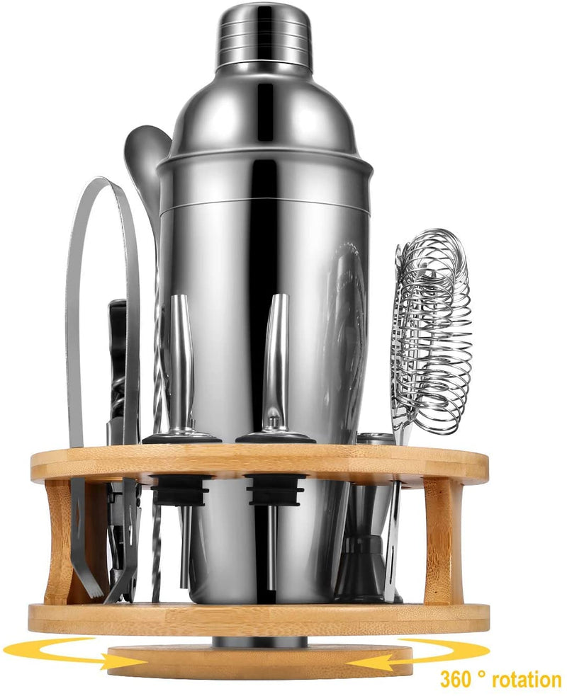 Cocktail Shaker Set Bartender Kit with Rotating Bamboo and 10-Piece Stainless Steel Bar Tool Set