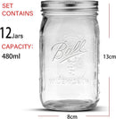 VIKUS 12 Pieces Canning Jars - 480ml Mason Jar Empty Glass Spice Bottles with Airtight Lids and Labels