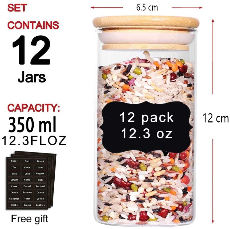 VIKUS 12 Pieces Glass Spice Jars for Kitchen Canisters with Airtight Bamboo Lids and Labels (350 ml)