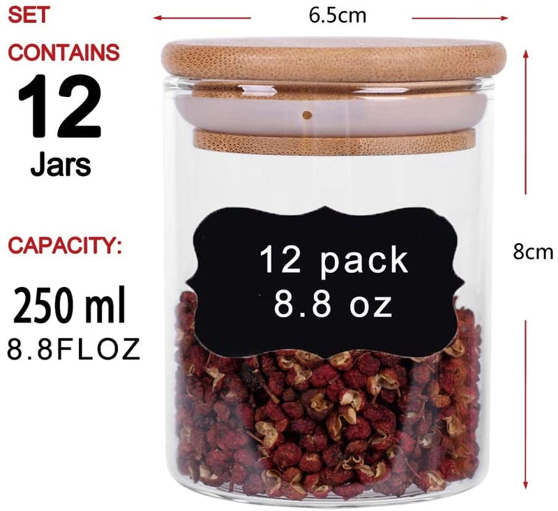 VIKUS 12 Pieces Glass Spice Jars for Kitchen Canisters with Airtight Bamboo Lids and Labels (250 ml)