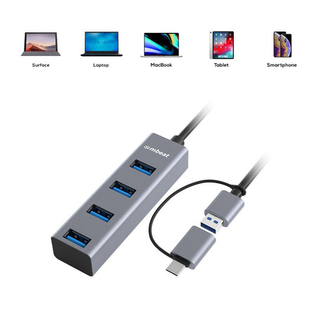 mbeat 4-Port USB 3.0 Hub with 2-in-1 USB 3.0 & USB-C Converter - Space Grey