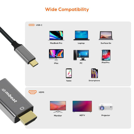 mbeat Tough Link 1.8m 4K USB-C to HDMI Cable - Space Grey