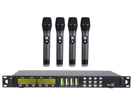 4 Channel UHF Wireless Microphone System Rack Mount LCD Display TMUS04