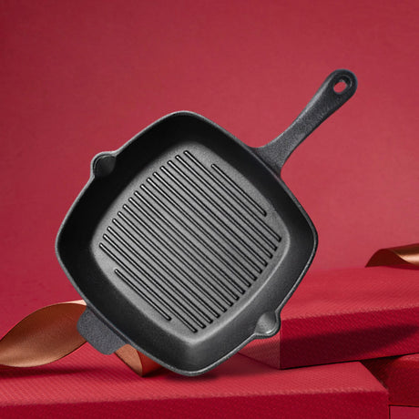 SOGA 2X 26cm Square Ribbed Cast Iron Frying Pan Skillet Steak Sizzle Platter with Handle