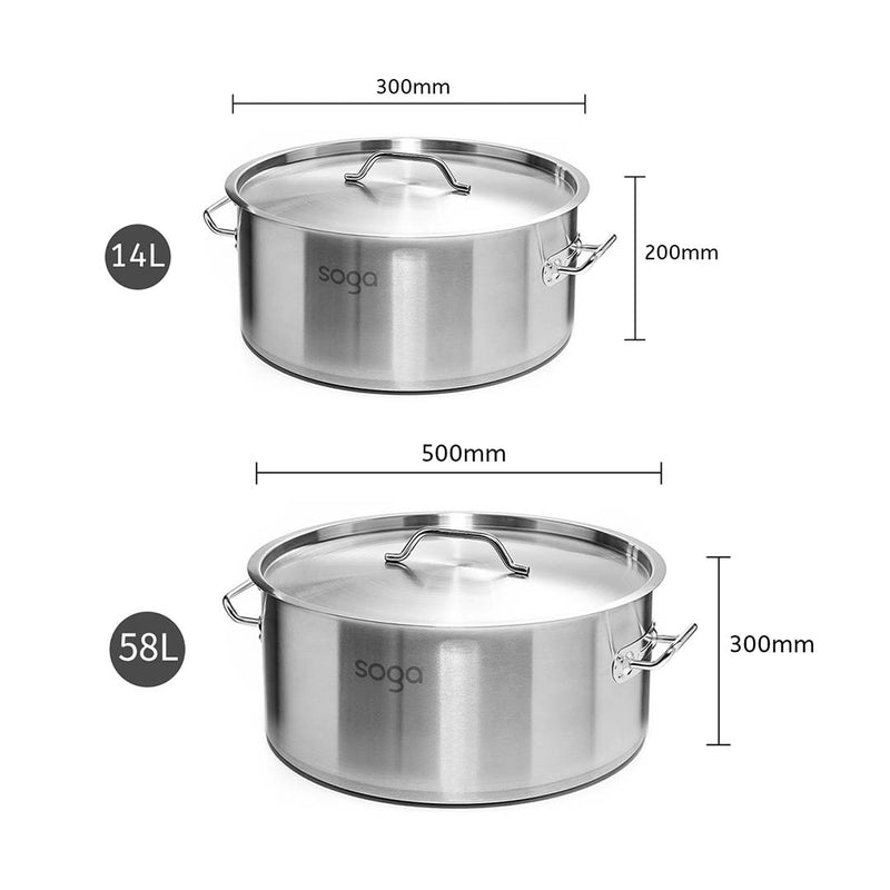 SOGA Stock Pot 14L 58L Top Grade Thick Stainless Steel Stockpot 18/10