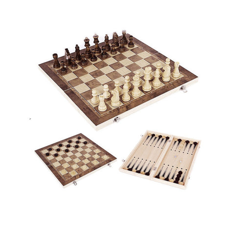 3 IN 1 Wooden Chess Set Folding Chessboard Wood Pieces Draughts Backgammon Toy