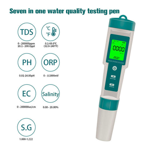 7 In 1 PH Meter TDS/EC/Salt/Temp Water Quality Monitor Tester Pen Pool Aquarium