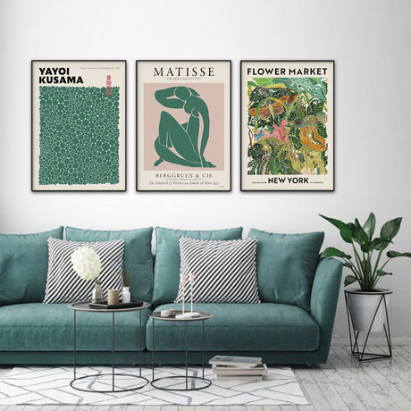 40cmx60cm Flower Market, Matisse Print, Yayoi Kusama 3 Sets Black Frame Canvas Wall Art