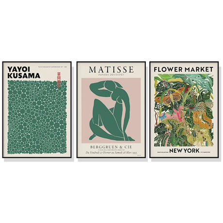 50cmx70cm Flower Market, Matisse Print, Yayoi Kusama 3 Sets Black Frame Canvas Wall Art