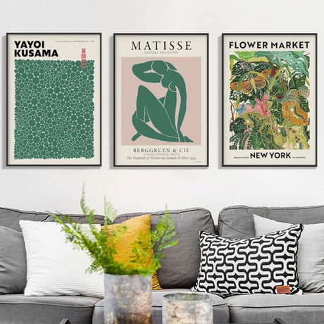 50cmx70cm Flower Market, Matisse Print, Yayoi Kusama 3 Sets Black Frame Canvas Wall Art