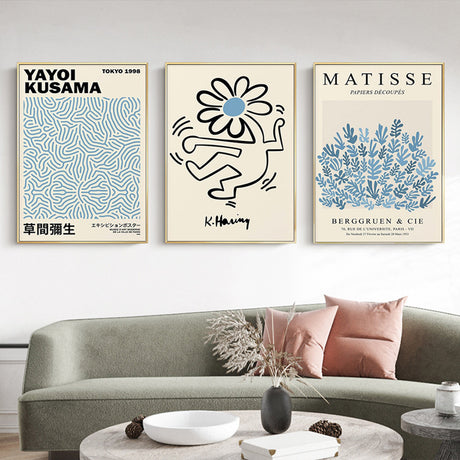 40cmx60cm Blue Matisse,Yayoi Kusama, Keith Haring Mix Art 3 Sets Gold Frame Canvas Wall Art