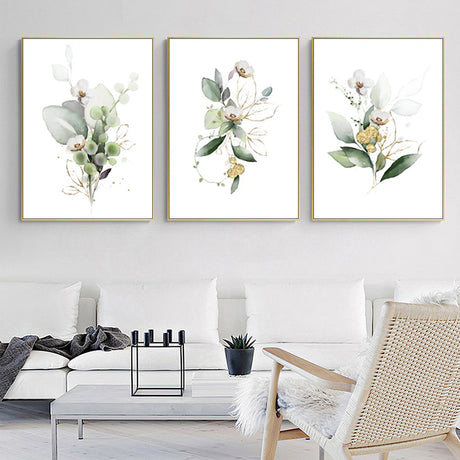 50cmx70cm Green and Gold Watercolor Botanical 3 Sets Gold Frame Canvas Wall Art