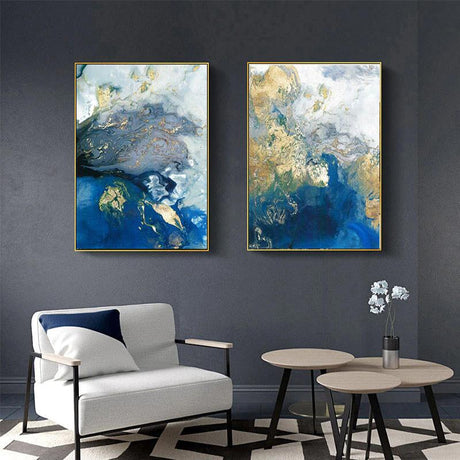 50cmx70cm Marbled Blue And Gold 2 Sets Gold Frame Canvas Wall Art