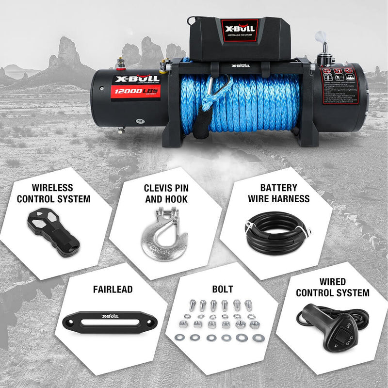 X-BULL 12V Electric Winch 12000LBS synthetic rope with 4PCS Recovery Tracks Gen3.0 Black