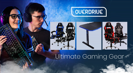 OVERDRIVE Gaming Chair Desk Racing Seat Setup PC Black Office Table Foot Combo