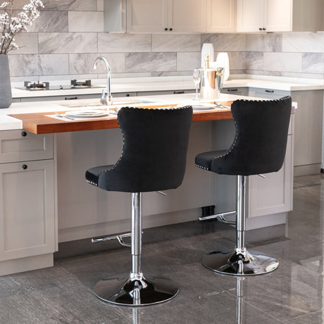 2x Height Adjustable Swivel Bar Stool Velvet Studs Barstool with Footrest and Chromed Base- Black