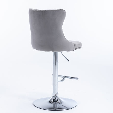 2x Height Adjustable Swivel Bar Stool Velvet Stud Barstool with Footrest and Chromed Base- Gray