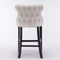 2x Velvet Upholstered Button Tufted Bar Stools with Wood Legs and Studs-Beige