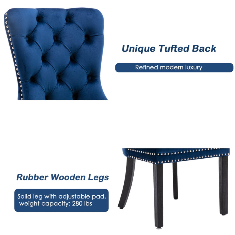 2x Velvet Dining Chairs Upholstered Tufted Kithcen Chair with Solid Wood Legs Stud Trim and Ring-Blue