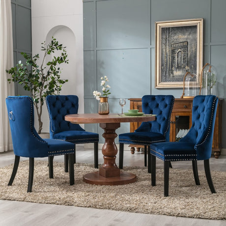 2x Velvet Dining Chairs Upholstered Tufted Kithcen Chair with Solid Wood Legs Stud Trim and Ring-Blue
