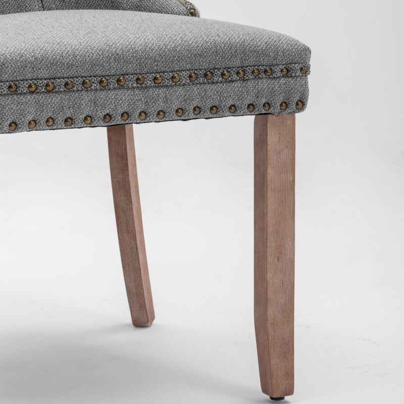 AADEN Modern Elegant Button-Tufted Upholstered Linen Fabric with Studs Trim and Wooden legs Dining Side Chair-Gray