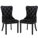 2x Velvet Dining Chairs Upholstered Tufted Kithcen Chair with Solid Wood Legs Stud Trim and Ring-Black