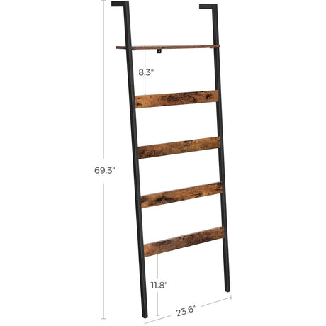 VASAGLE Blanket Ladder Wall-Leaning Rack with Storage Shelf Rustic Brown and Black LLS012B01