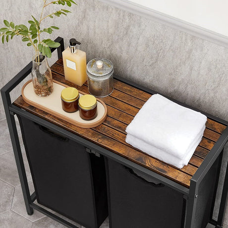 VASAGLE Laundry Basket with Shelf and Pull-Out Bags Rustic Brown and Black BLH201B01V1