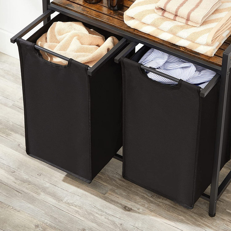 VASAGLE Laundry Basket with Shelf and Pull-Out Bags Rustic Brown and Black BLH201B01V1
