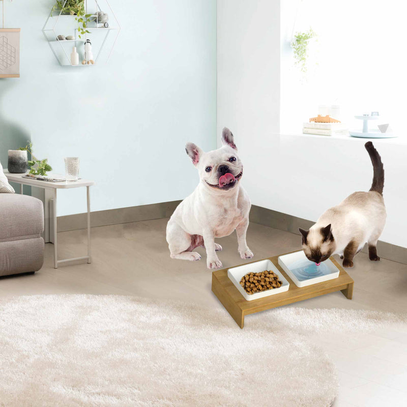 2x400ml Pet Double Dinner Ceramic Bowl - Elevated Wood Base Dog Cat Feeder