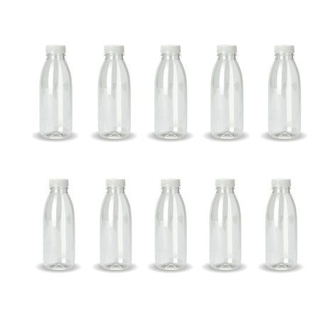 10x 300ml PET Juice Bottles + Tamper Evident Caps - Empty Plastic Recyclable Clear