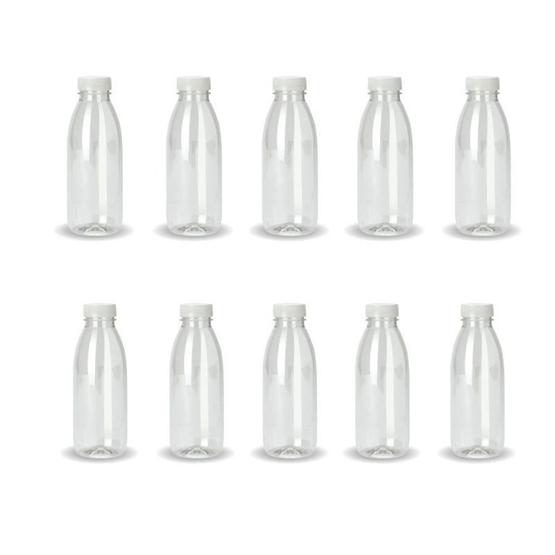 10x 300ml PET Juice Bottles + Tamper Evident Caps - Empty Plastic Recyclable Clear
