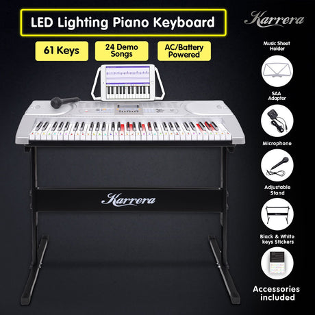 Karrera 61 Keys Electronic LED Keyboard Piano with Stand - Silver