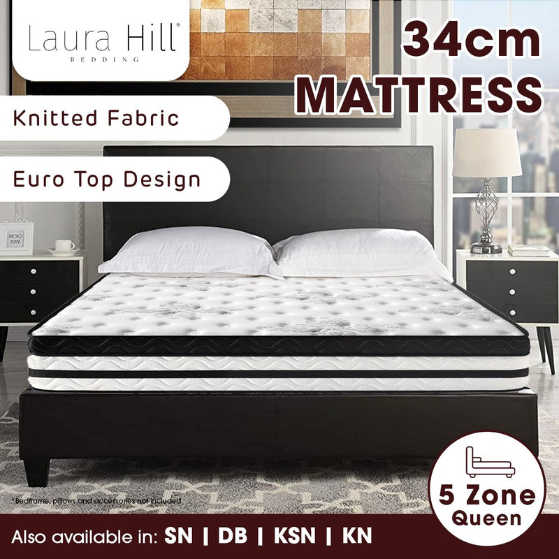 Laura Hill Queen Mattress Bed Size Euro Top 5 Zone Spring Foam 34cm Bedding
